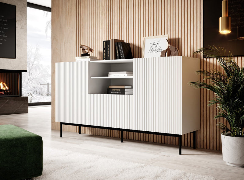 PAFOS chest of drawers on a black steel frame 150x40x90 cm white matt