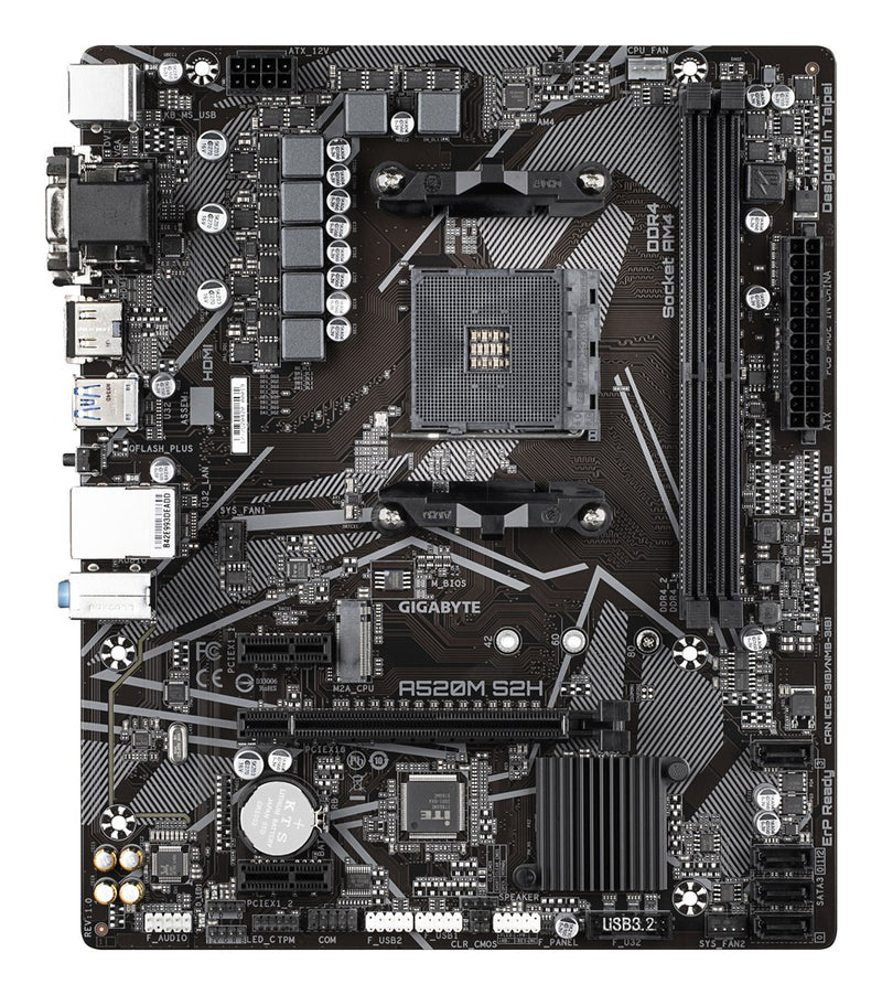 GIGABYTE A520M S2H Motherboard - Supports AMD Ryzen 5000 Series AM4 CPUs, 4+3 Phases Pure Digital VRM, up to 5100MHz DDR4 (OC), PCIe 3.0 x4 M.2, GbE L