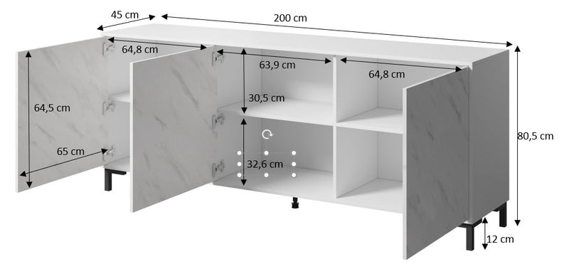 MARMO 3D chest of drawers 200x45x80,5 cm white matt/marble white