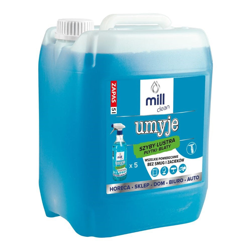 MILL CLEAN CLEANS 5 liters. A liquid cleaner for windows, mirrors, tiles, and countertops. It removes dust and grease stains without leaving streaks o