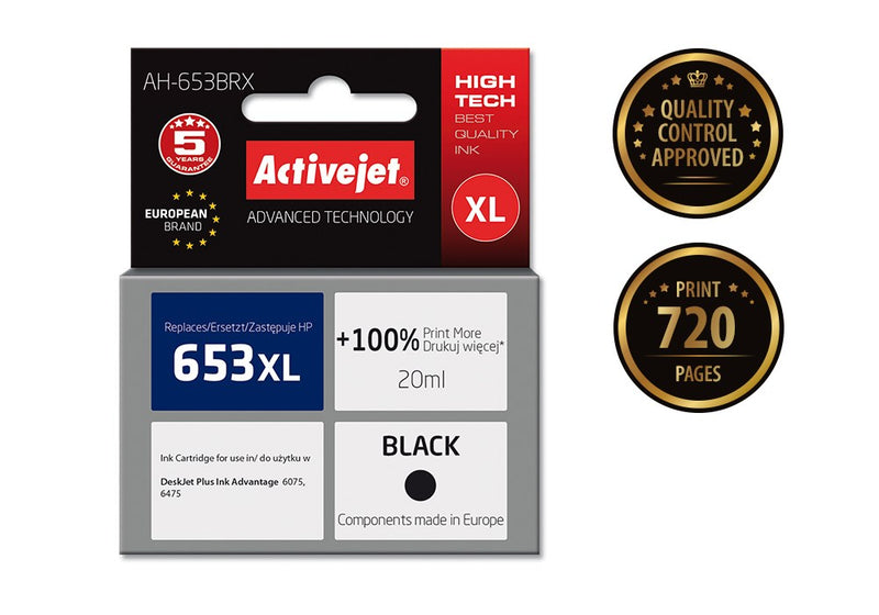 Activejet AH-653BRX Tinte (Ersatz für HP 653XL 3YM75AE; Premium; 720 Seiten; Schwarz)
