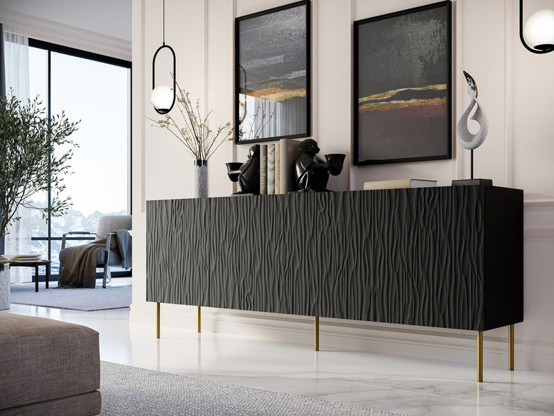 Commode JUNGLE 190x40.5x74.5 noir mat + pieds dorés