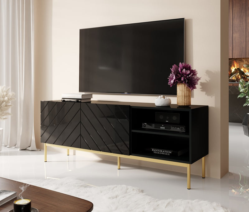 Meuble TV ABETO sur piétement en acier doré 150x42x60 noir/noir brillant