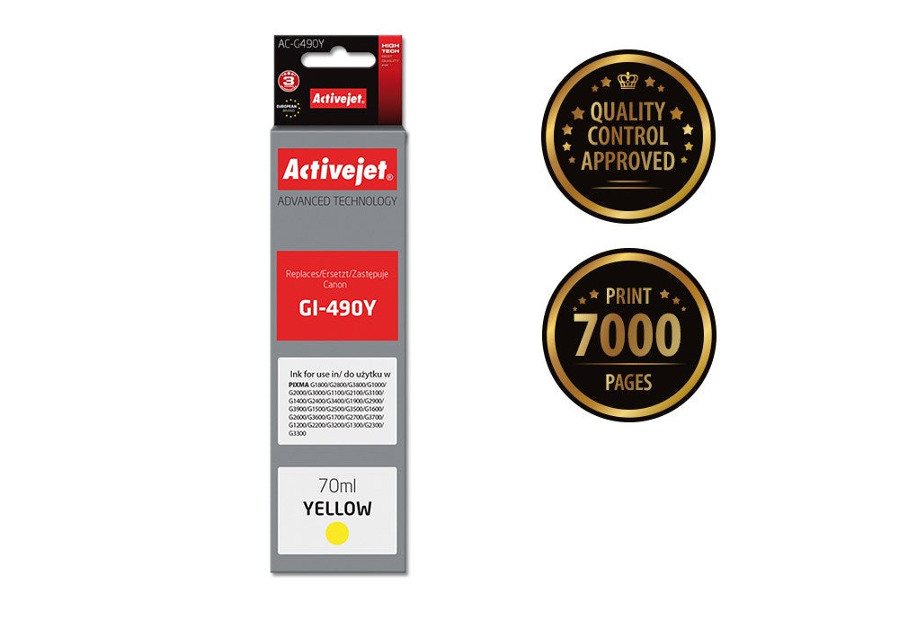 Activejet AC-G490Y Ink cartridge (replacement for Canon GI-490Y; Supreme; 70 ml; 7000 pages, yellow)