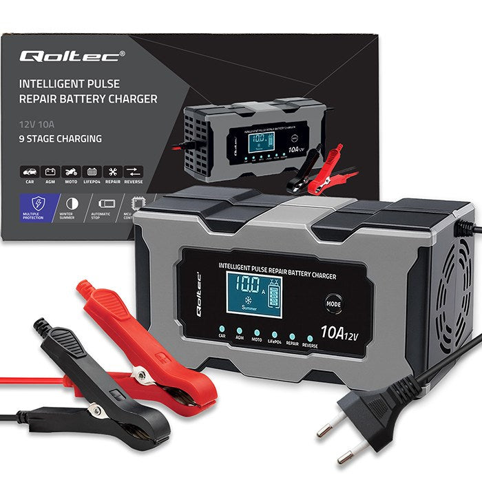 Qoltec 52493 Charger 12V 10A | Rectifier with repair function for AGM GEL LiFePO4 battery | LCD