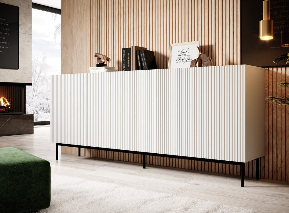 PAFOS chest of drawers on a black steel frame 200x40x102 cm white matt