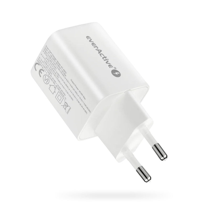 GaN mains charger with 1 x USB and 1 x USB-C Quick Charge 4.0 45W, white