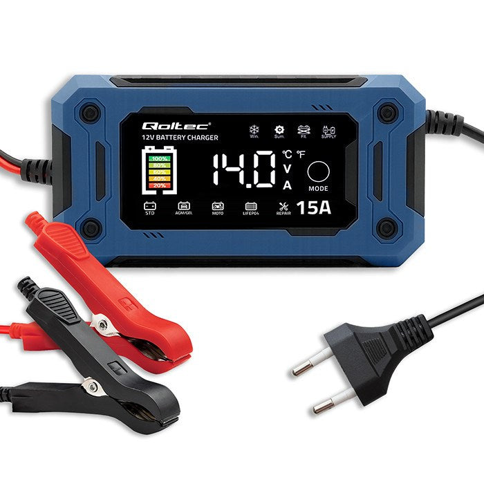Qoltec 52496 Charger 12V 15A | Rectifier with repair function and maintaining power supply during battery replacement | for AGM GEL LiFePO4 | LCD