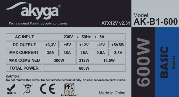 Akyga AK-B1-600 power supply unit 600 W 20+4 pin ATX ATX Grey