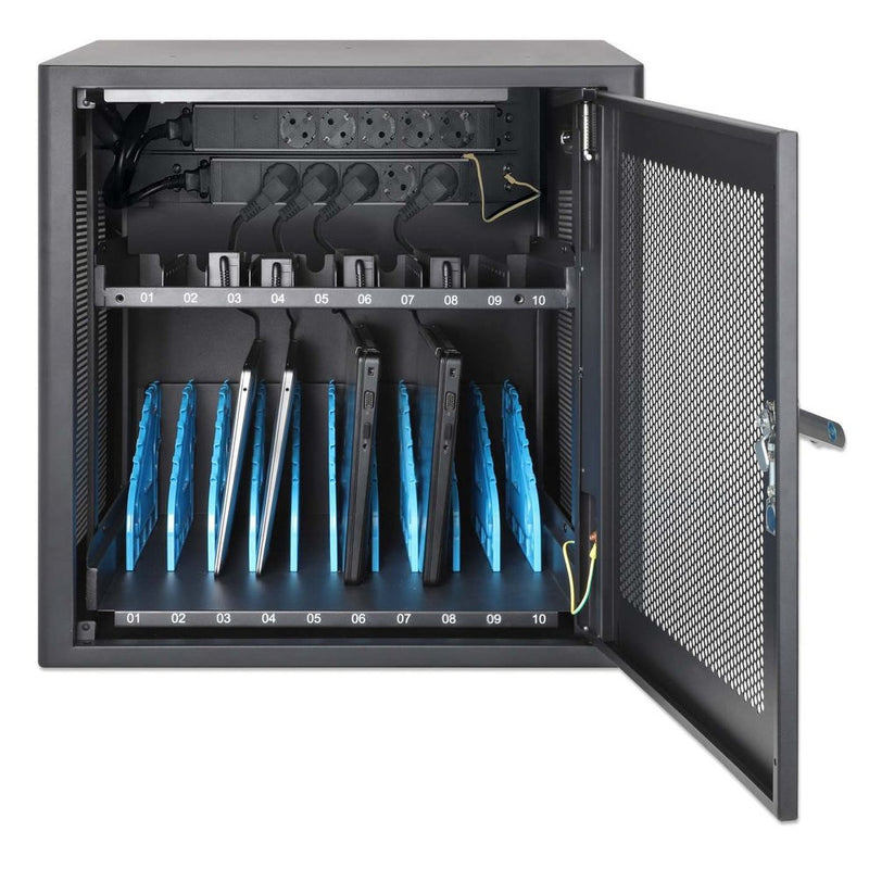 Manhattan Laptop Charging Cabinet Desktop via AC Adapter (EU) 10-bay, Install device's AC Adapter (power cables) into unit, Suitable for ALL laptops (