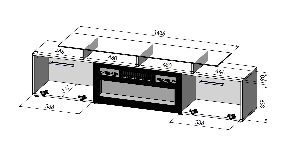RTV cabinet ROVA with electric fireplace 190x37x48 cm black/black gloss
