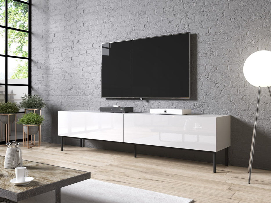 RTV SLIDE cabinet on black steel frame 200x40x50 cm all in gloss white