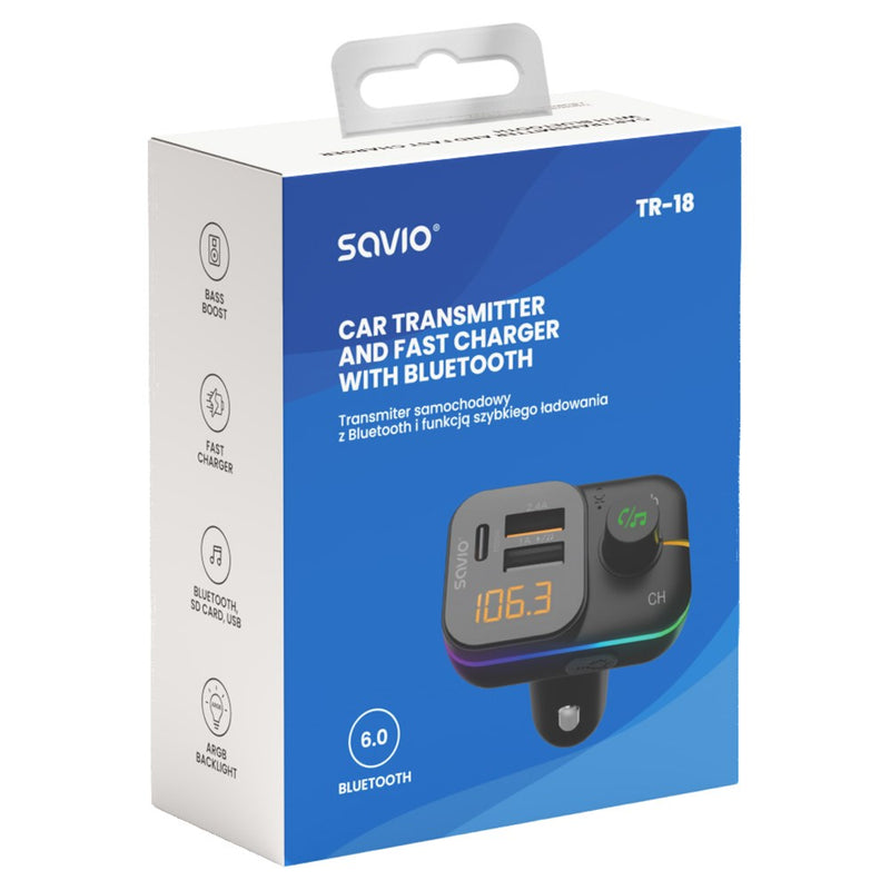 SAVIO TR-18 FM transmitter with Bluetooth and PD charger