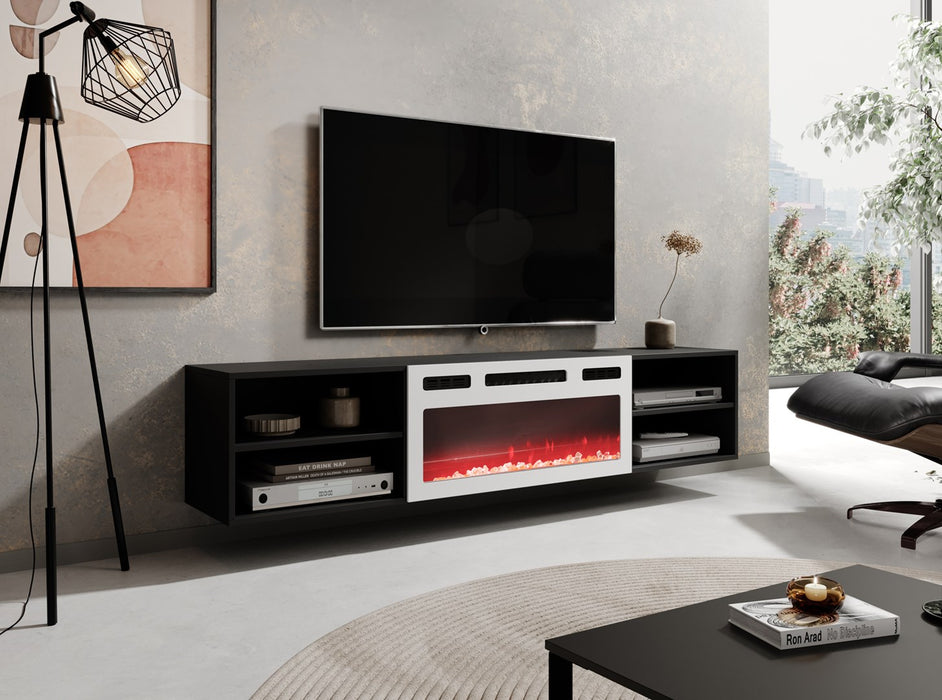 RTV cabinet POLO 180x33x39 black + fireplace white