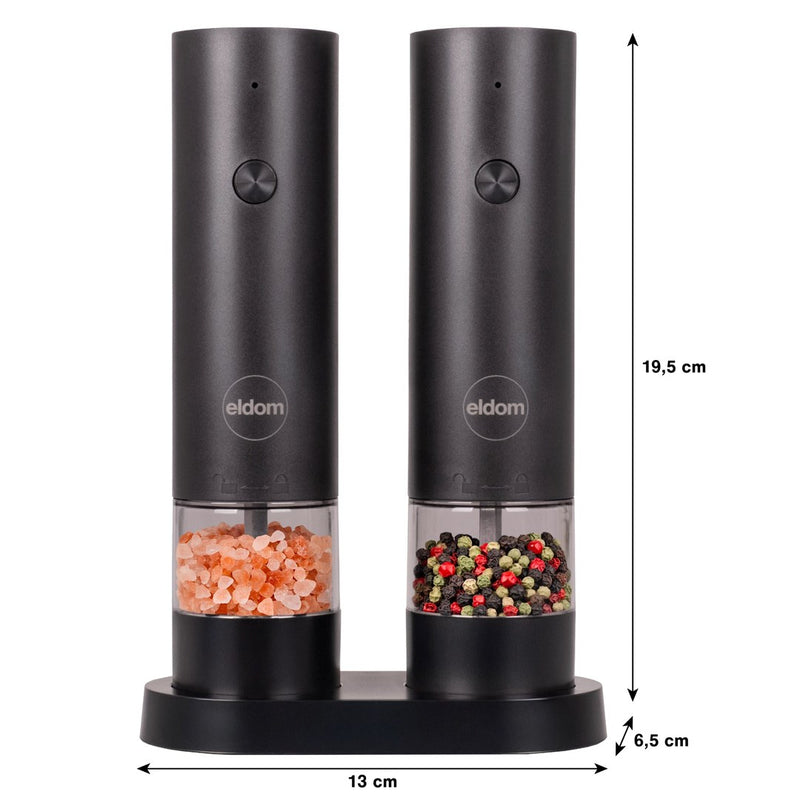 ELDOM ZMP5 BATTERY-POWERED PEPPER AND SALT GRINDER SET WITH STAND, BLACK