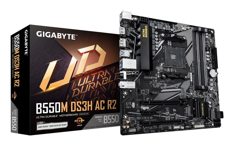 GIGABYTE B550M DS3H AC R2 Motherboard - AMD Ryzen 5000 CPUs, 5+3 Phases VRM, up to 4733MHz DDR4 (O.C.), 1xPCIe 4.0 + 1xPCIe 3.0 M.2, Wi-Fi 5, 1GbE LAN