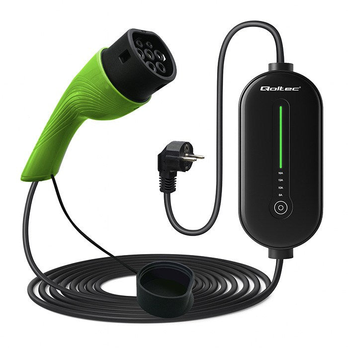 Qoltec 52434 EV Electric Car Charger with 2in1 Type 2 Adjustment | 3.5kW | 230V | SCHUKO 16A | Wi-fi | TUYA | LCD | LED | 5m