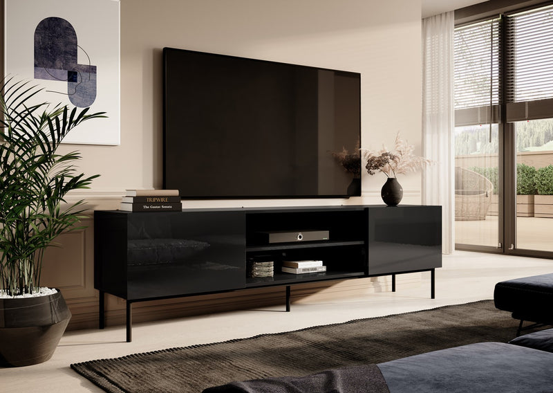 RTV SLIDE 200K cabinet on black steel frame 200x40x57 cm all in gloss black