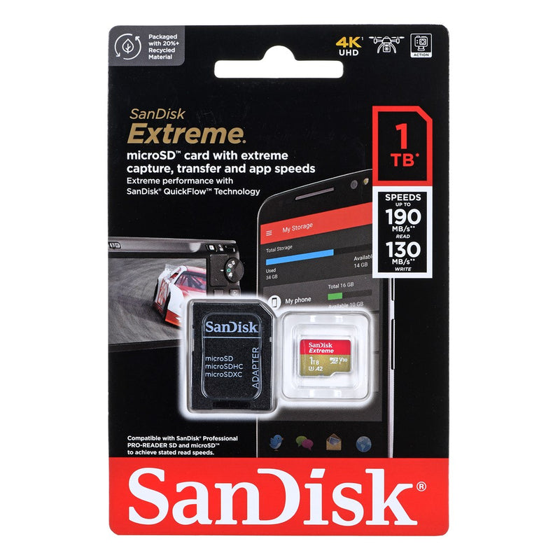 SanDisk Extreme - Flash memory card (microSDXC to SD adapter included) - 1 TB - A2 / Video Class V30 / UHS-I U3 / Class10 - microSDXC UHS-I