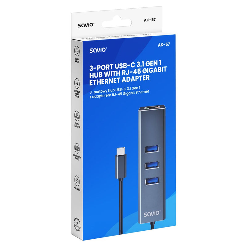 Savio AK-57 USB-C - 3 x USB-A HUB with RJ-45 Gigabit Ethernet adapter, 5000 Mbit/s, grey