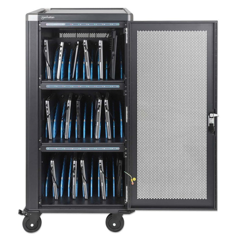 Manhattan Laptop Charging Cabinet Trolley/Cart via USB-C 65W 16" 30-bay, Suitable for USB-C laptops (to 16"), iPads, MacBooks, Chromebooks, other USB-