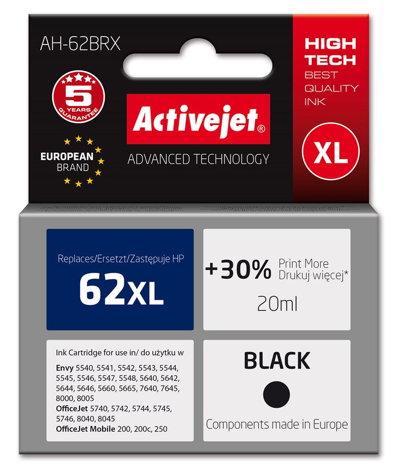 Activejet AH-62BRX ink (replacement for HP 62XL C2P05AE; Premium; 20 ml; black)