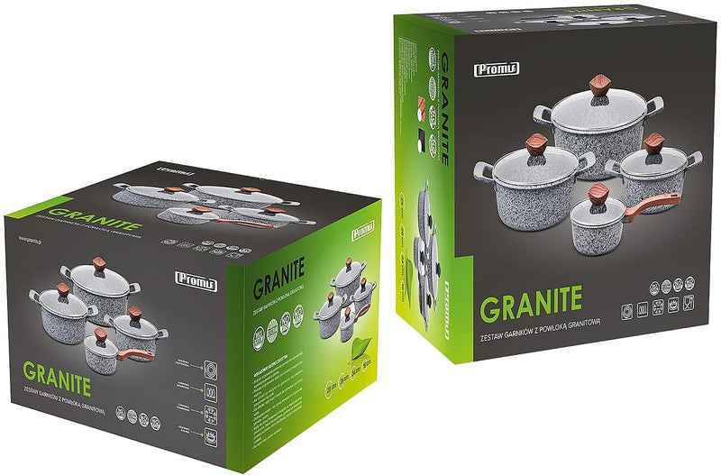PROMIS Set of pots GRANITE, saucepan 16 cm, pots 20,24,28 brown handles