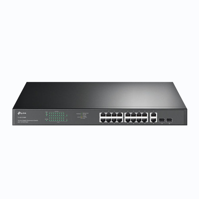 TP-Link JetStream TL-SG1218MP - V1 - switch - 16 x 10/100/1000 (PoE+) + 2 x 10/100/1000 + 2 x combo Gigabit SFP - rack-mountable - PoE+ (250 W)
