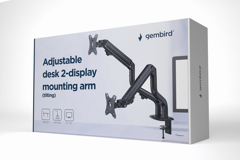 Gembird MA-DA2-02 Adjustable desk 2-display mounting arm (tilting), 17”-32”, up to 8 kg