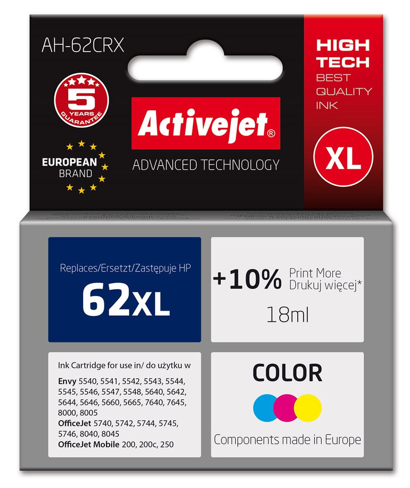 Activejet AH-62CRX Tinte (ersetzt HP 62XL C2P07AE; Premium; 18 ml; Farbe)