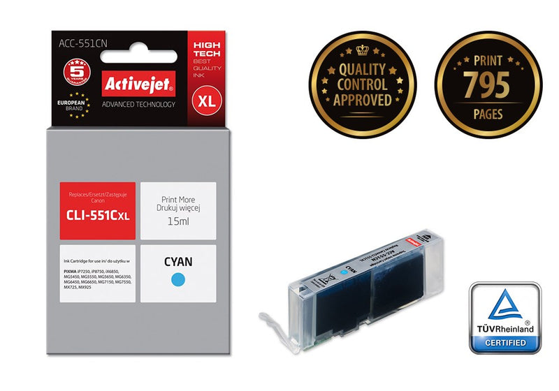 Activejet ACC-551CN Ink cartridge (replacement for Canon CLI-551C; Supreme; 15 ml; cyan)