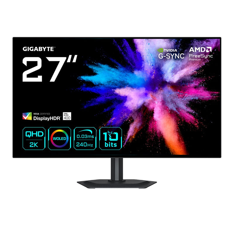 GIGABYTE GO27Q24G 27” OLED 2K QHD Gaming Monitor - 2560 x 1440, 240Hz, 0.03ms, 275 cd/m2, FreeSync Premium, G-Sync Compatible, HDMI 2.1, Displayport 1