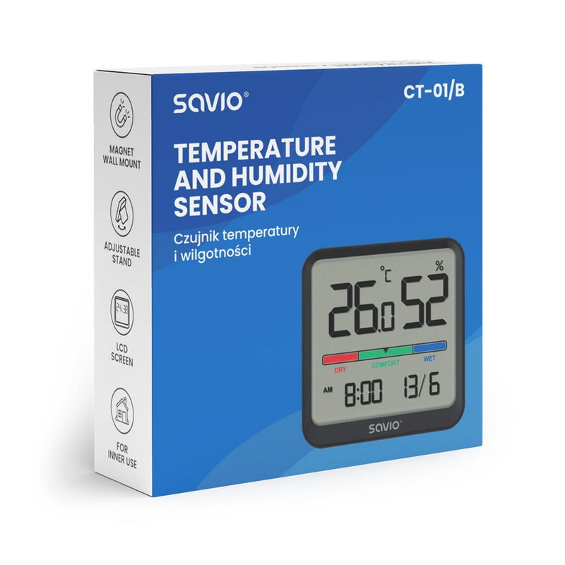 SAVIO Wireless weather station, temperature and humidity sensor, indoor use, LCD screen, clock, date, handle with magnet, CT-01/B Black