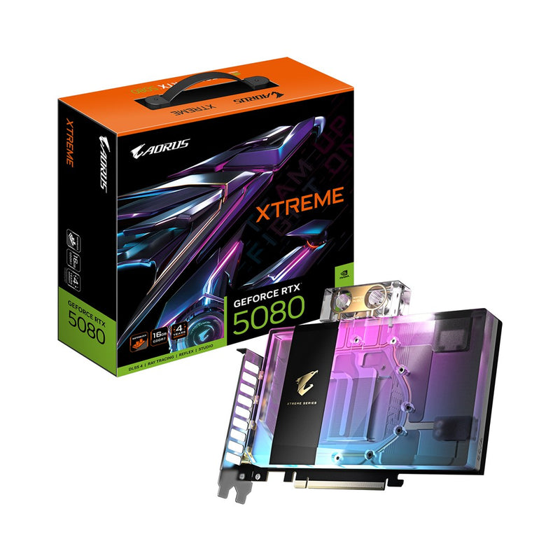 GIGABYTE AORUS GeForce RTX 5080 XTREME WATERFORCE WB 16G Graphics Card - 16GB GDDR7, 256bit, PCI-E 5.0, 2805MHz Core Clock, 3 x DP 2.1a, 1 x HDMI 2.1b