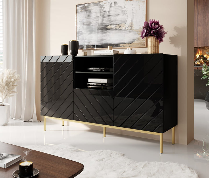 ABETO chest of drawers on golden steel frame 150x42x90 black/black gloss