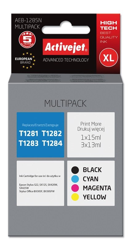 Activejet AEB-1285N Tinte (ersetzt Epson T1281, T1282, T1283, T1284; Supreme; 1 x 15 ml, 3 x 13 ml; schwarz, magenta, cyan, gelb)