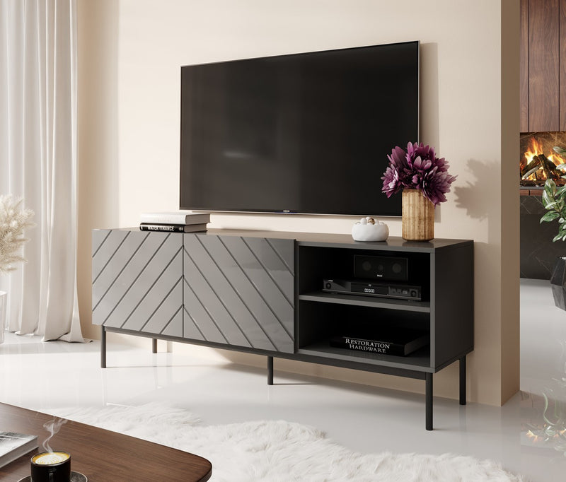 ABETO TV-Schrank auf schwarzem Stahlgestell 150x42x60 cm Graphit/Hochglanz-Graphit