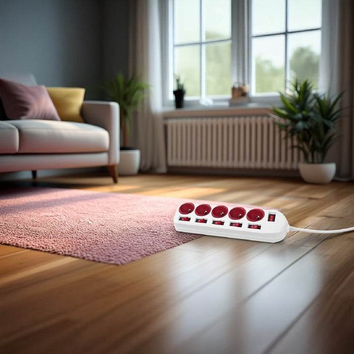 Maclean power strip, 5 socket extension cable, with switches, 250VAC/10A, 1.5m, MCE204 R/W