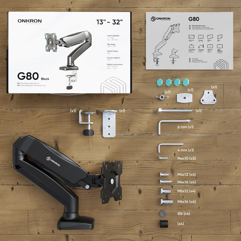 ONKRON G80-B Swivel and tilt desk mount for 13‘-32’ monitors, max. 8 kg, with rotation, black