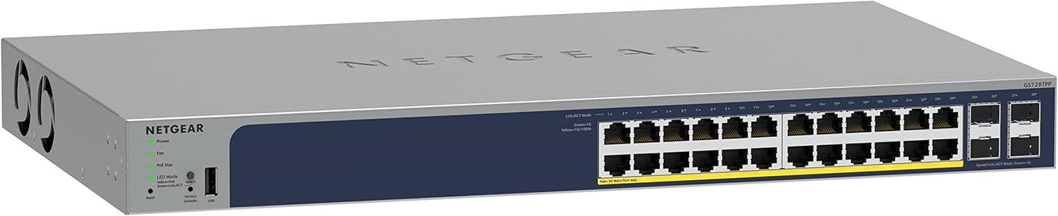 NETGEAR Smart GS728TP - Switch - L3 Lite - smart - 16 x 10/100/1000 (PoE) + 8 x 10/100/1000 (PoE+) + 4 x SFP - rack-mountable - PoE+ (192 W)