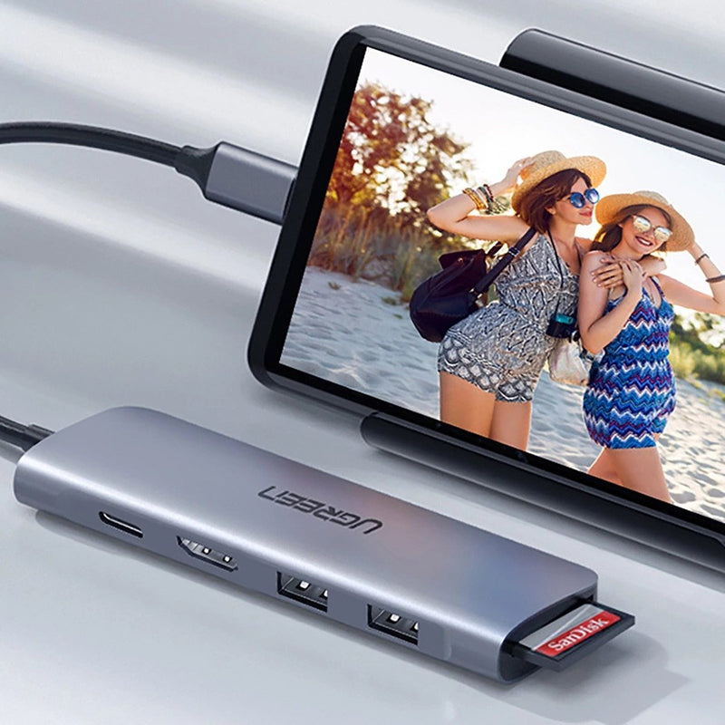 Ugreen CM195 6-in-1 USB-C adapter – HDMI / 2× USB-A 3.0 / USB-C PD / SD / TF card reader – grey