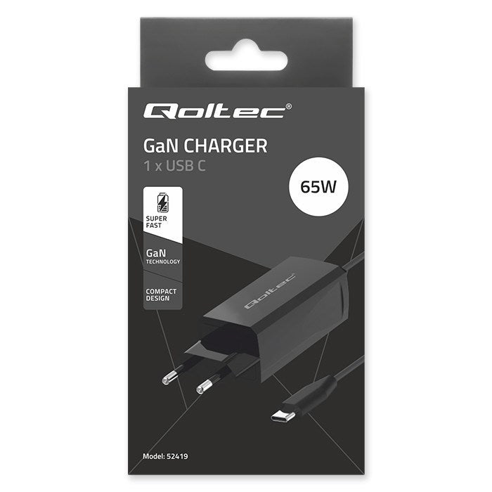 Qoltec 52419 65W GaN Super Fast Charger| 5-20V | 3-3.25A | USB-C 3.1