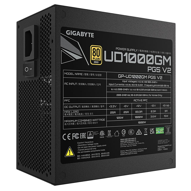 GIGABYTE UD1000GM PG5 V2 Netzteil – PCIe Gen 5.1, 80 PLUS Gold, vollmodulares Design, 120-mm-Lüfter, ATX 3.1-kompatibel, EU-Stecker