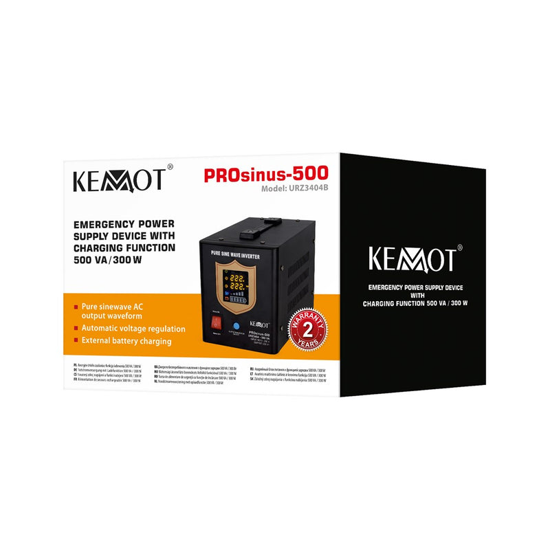 KEMOT PROsinus-500 emergency power supply unit – inverter with a pure sine wave output and 12V charging function, 230V, 500VA/300W – black