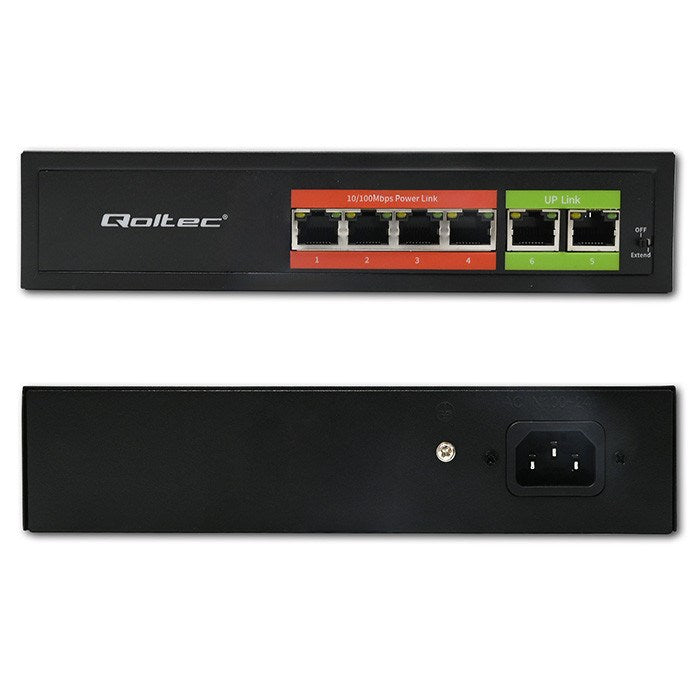 Qoltec 52289 FAST Ethernet PoE SWITCH | 4x RJ45 PoE | 2x RJ45 Uplink | 65W | 10/100 Mb/s