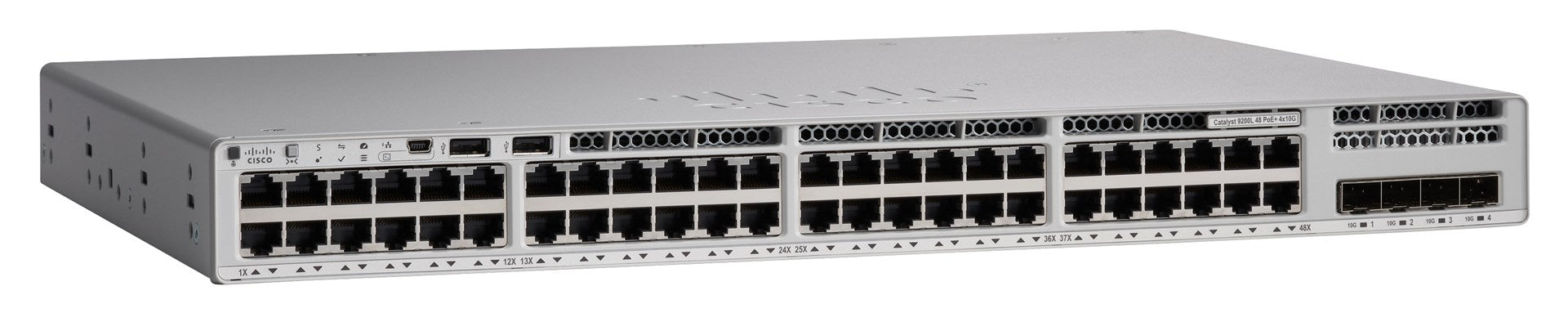 Cisco Catalyst 9200L - Network Essentials - switch - L3 - Managed - 48 x 10/100/1000 (PoE+) + 4 x 10 Gigabit SFP+ (uplink) - rack-mountable - PoE+ (37