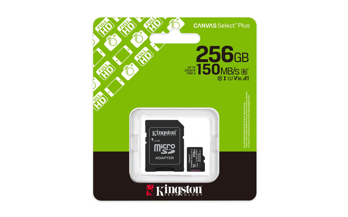Kingston Canvas Select Plus - Flash memory card (SD adapter included) - 256 GB - A1 / Video Class V10 / UHS-I U1 / Class10 - microSDXC UHS-I
