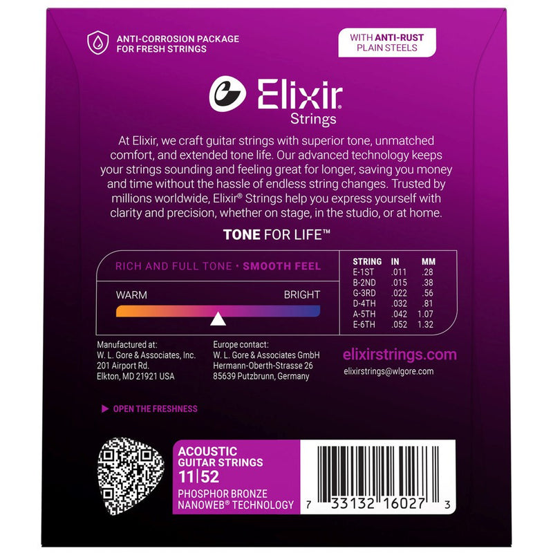 Elixir Strings 16027 Phosphor Bronze Custom Light NW - acoustic guitar strings (11-52)