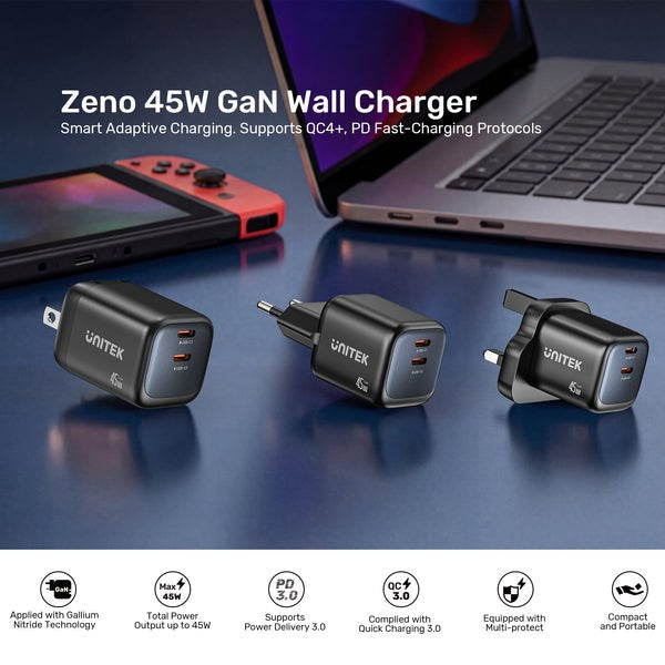 2x GAN 45W mains charger, 2x USB-C PD, QC