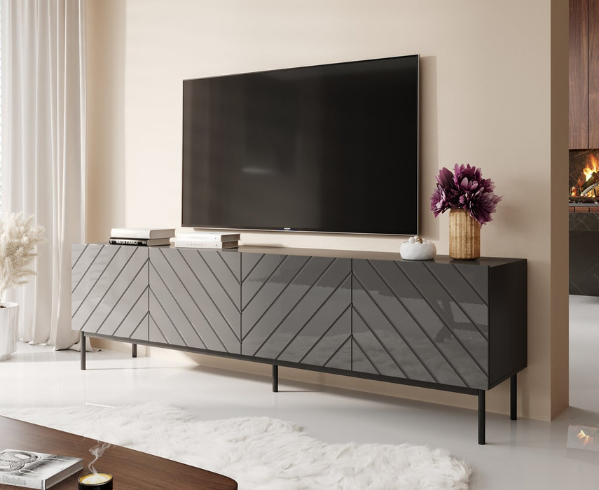 ABETO RTV cabinet on black steel frame 200x42x60 graphite/glossy graphite